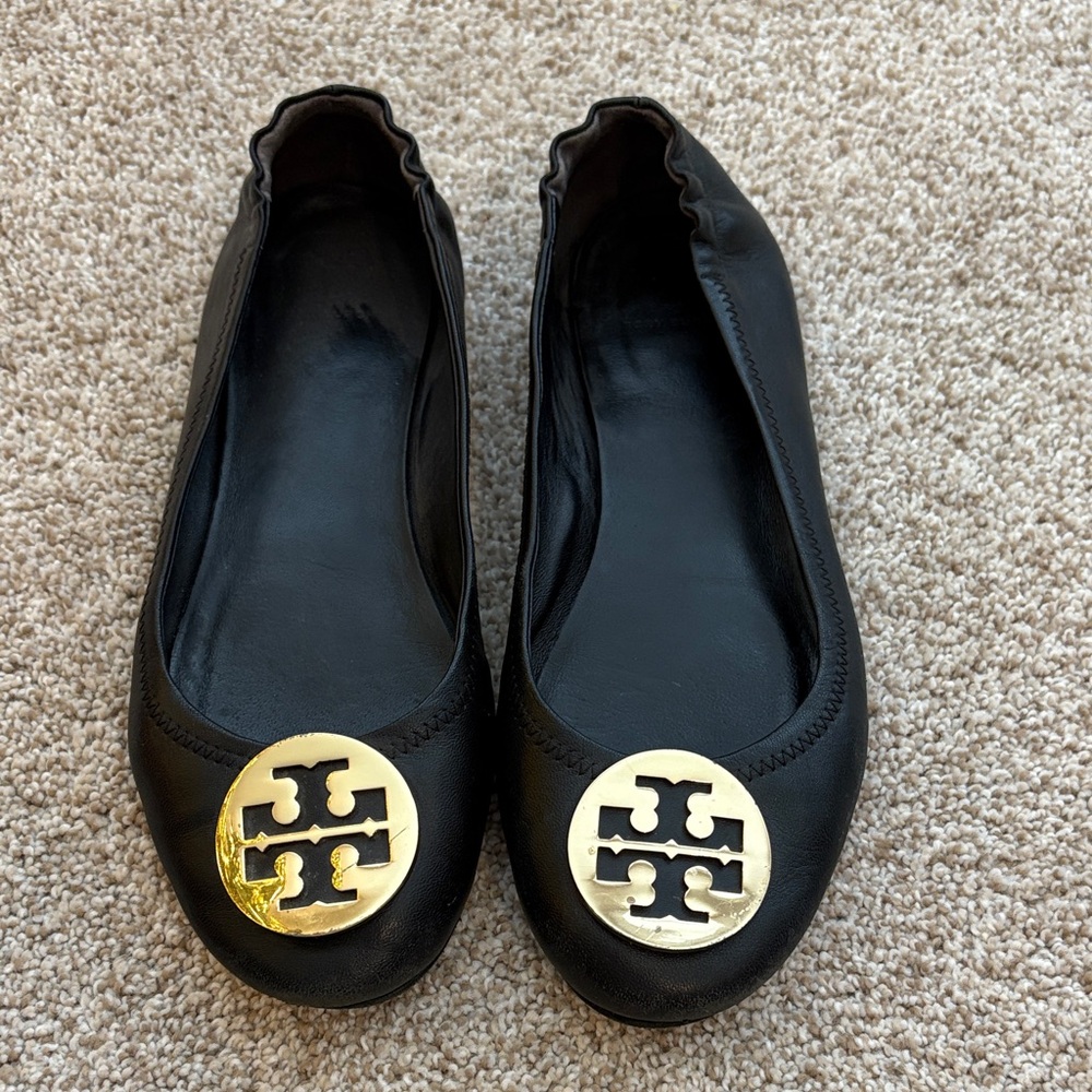 Tory Burch Black Flats with Gold Logo